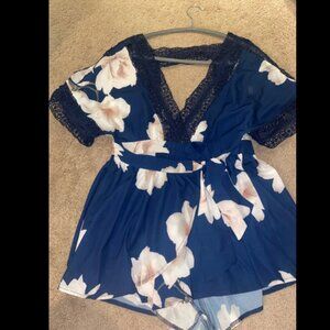 LF Navy Blue Kimono Style Floral Romper with Open Back